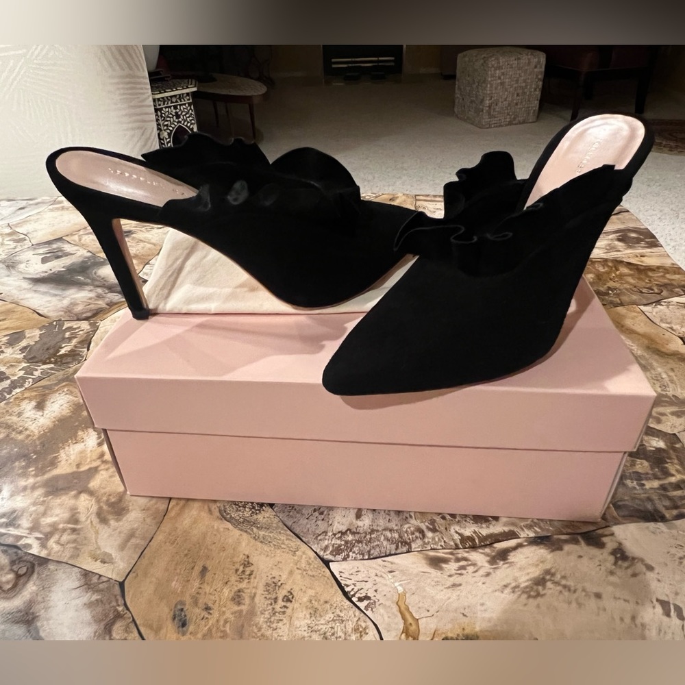 Loeffler Randall black suede pointy toe ruffle mule